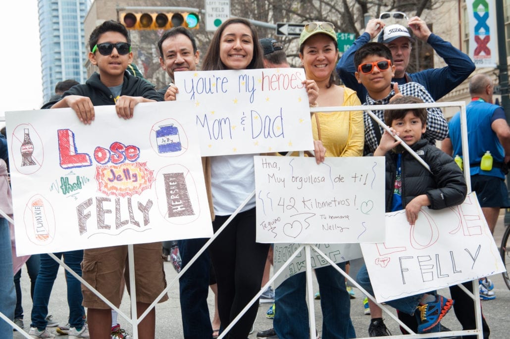 Austin Marathon best crowd support and sign contest. Cheering Fans along austin marathon half marathon adn 5k course