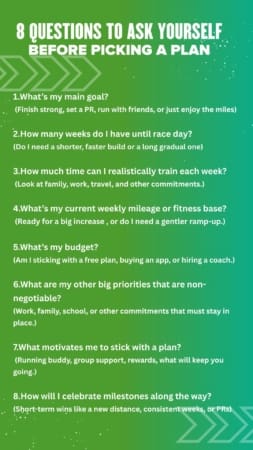 A green infographic titled "8 Questions to Ask Yourself Before Picking a Plan" lists questions about fitness goals, time, budget, motivation, and priorities for choosing a workout or training plan, with white and yellow text. Austin Marathon Half Marathon & 5K