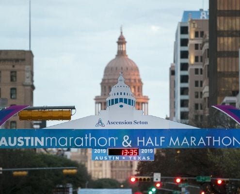 Start line of the 2019 Ascension Seton Austin Marathon. Ascension Seton returns as Austin Marathon title sponsor.