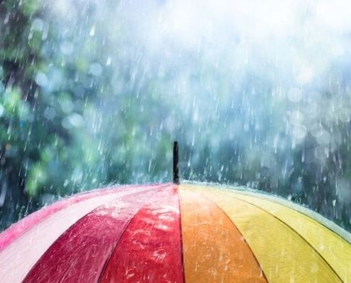 Rain falls on an umbrella.