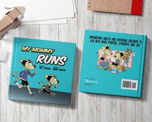 My Mommy Runs, a children's book about running, is displayed on a table.