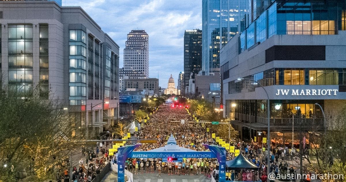 Birds eye view of the 2019 Austin Marathon start line from a drone. Brands can partner with this world-class event with their official sponsorship.