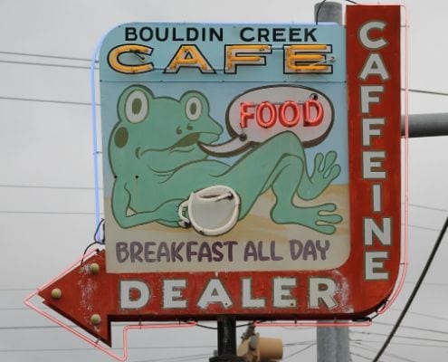 Image of Bouldin Creek Cafe's sign. They're on our list of 6 south Austin coffee shops to visit!