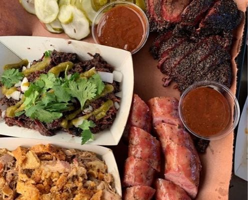 Spread of barbecue at LeRoy and Lewis, one of our favorite south Austin lunch spots along the Austin Marathon course.