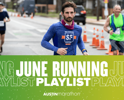 Image of a male runner at the 2020 Ascension Seton Austin Marathon with text reading June Running Playlist.