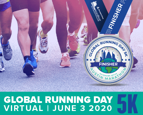 Image displaying the Austin Marathon's free Global Running Day Virtual 5K digital finisher medal.