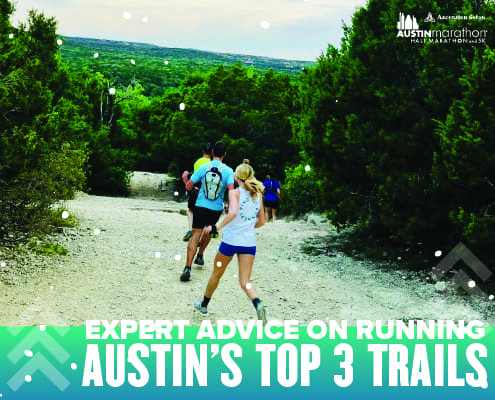 Image of runners on Austin's top running trails with text introducing the blog for Expert Advice on Running Austin's Top 3 Trails. Courtesy of Trail Roots.