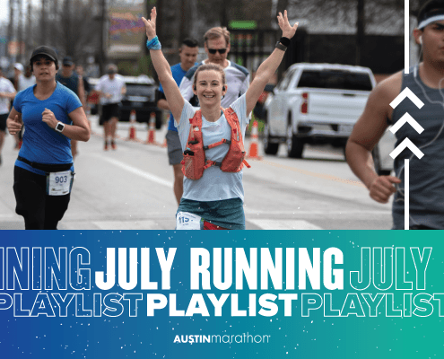 Image of a female runner at the 2020 Ascension Seton Austin Marathon with text reading July Running Playlist.