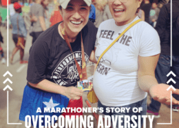 Image of Eileen Alvarez and her friend Bernabe at the 2020 Ascension Seton Austin Marathon finish line. Eileen's training plan included months of miles and overcoming adversity.