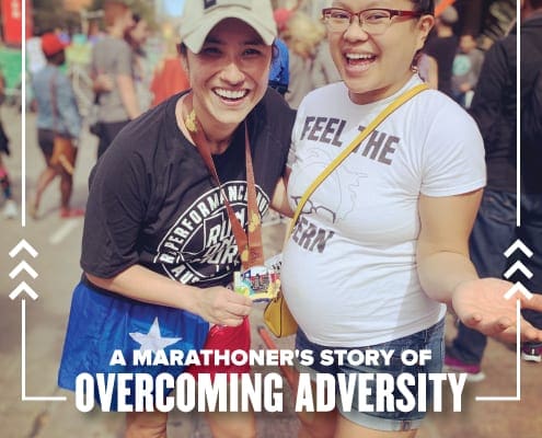 Image of Eileen Alvarez and her friend Bernabe at the 2020 Ascension Seton Austin Marathon finish line. Eileen's training plan included months of miles and overcoming adversity.