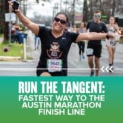 Image of female runner during the 2020 Ascension Seton Austin Marathon. She appears to run the tangent, which is the fastest way to the Austin Marathon finish line!