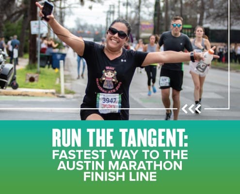 Image of female runner during the 2020 Ascension Seton Austin Marathon. She appears to run the tangent, which is the fastest way to the Austin Marathon finish line!
