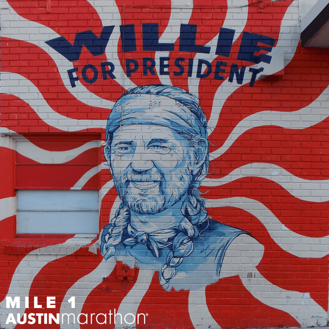 Image of the Willie for President mural in Austin. It's one of the Austin Marathon's favorite on-course murals.