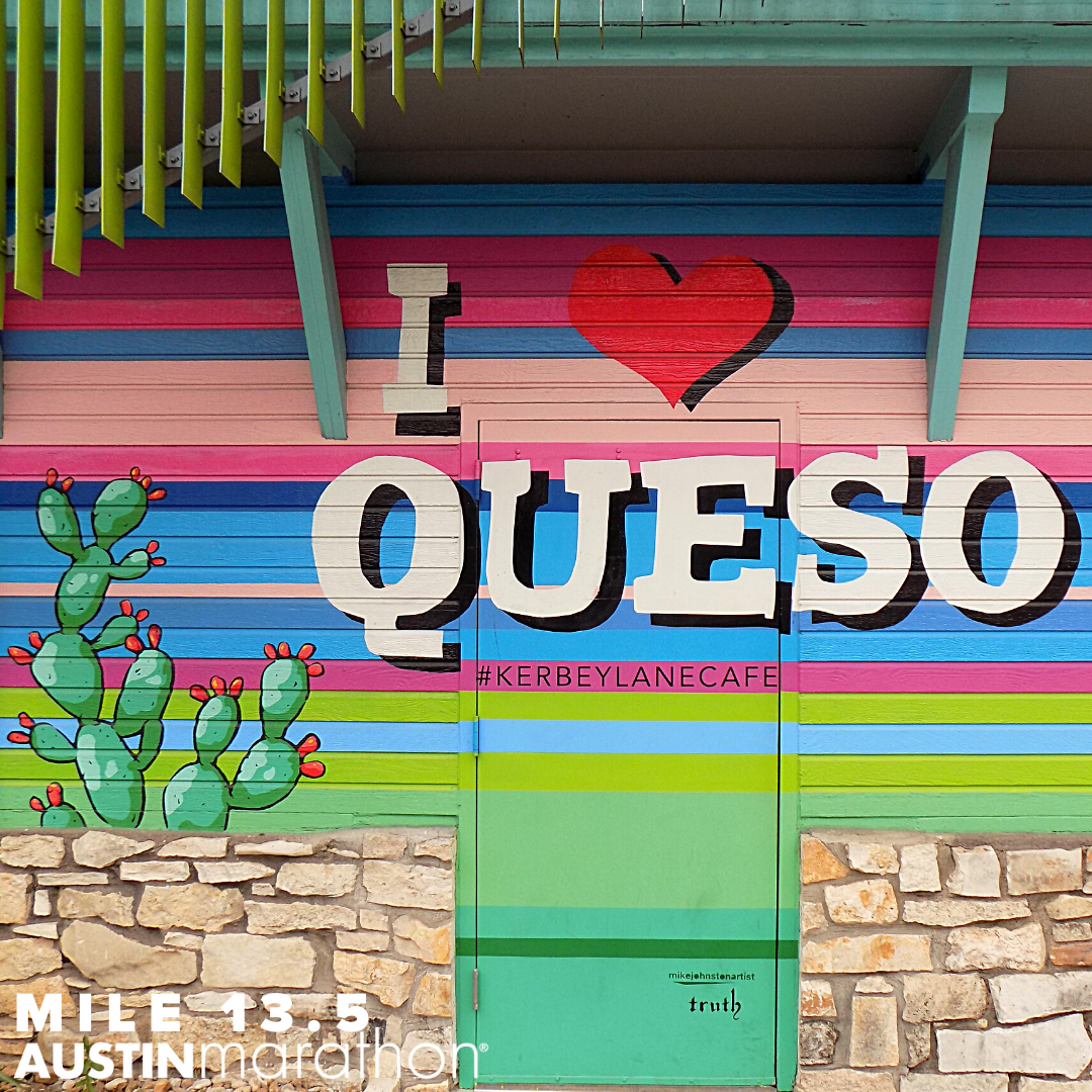 Image of the I Heart Queso mural in Austin. It's one of the Austin Marathon's favorite on-course murals.