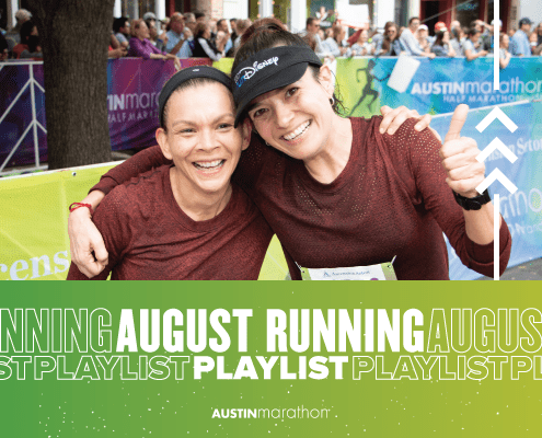 Image of two participants hugging and smiling for the camera after the 2020 Ascension Seton Austin Marathon. Design features text that reads August Running Playlist.