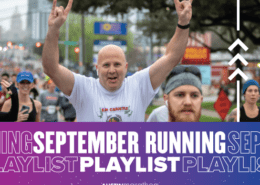 Image of male runner showing the Longhorn signal with both hands during the 2020 Ascension Seton Austin Marathon. Design features text that reads September Running Playlist.