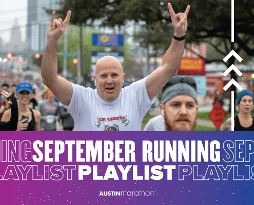 Image of male runner showing the Longhorn signal with both hands during the 2020 Ascension Seton Austin Marathon. Design features text that reads September Running Playlist.