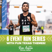 756713_Run Austin Virtual Series Social Media_1080x1080_1_062620 Image of RAW Running member warming up before the KXAN SimpleHealth 5K during 2020 Austin Marathon weekend. Image announces the Run Austin Virtual Series, a 6-event series where the events increase in distance every month.