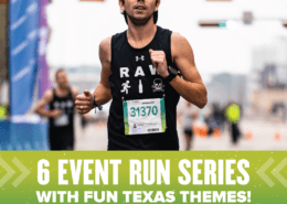 Image of RAW Running member warming up before the KXAN SimpleHealth 5K during 2020 Austin Marathon weekend. Image announces the Run Austin Virtual Series, a 6-event series where the events increase in distance every month.