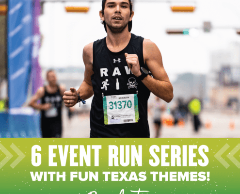 Image of RAW Running member warming up before the KXAN SimpleHealth 5K during 2020 Austin Marathon weekend. Image announces the Run Austin Virtual Series, a 6-event series where the events increase in distance every month.