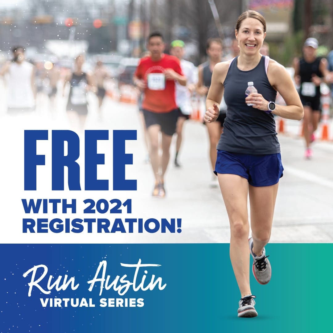 Image of female runner during the 2020 Ascension Seton Austin Marathon. Image announces the Run Austin Virtual Series, a 6-event series where the events increase in distance every month.