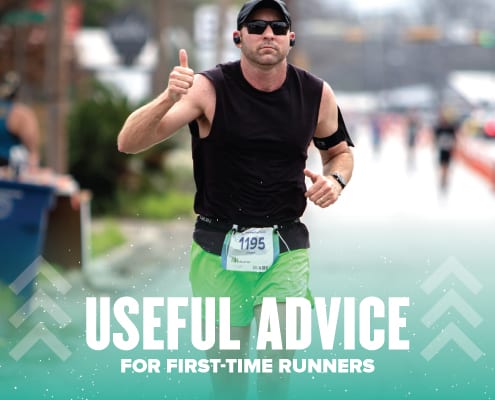 Image of male runner giving the camera a thumbs up during the 2020 Ascension Seton Austin Marathon. This is the feature image for a blog post full of useful advice for first-time runners.