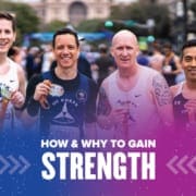 773304_3M Half Marathon 20205 Simple Training Mistakes_071620 Image of four friends holding their finisher medals after the 2020 Ascension Seton Austin Marathon. Design on the image contains text that reads How and Why to Gain Strength.