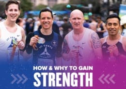 Image of four friends holding their finisher medals after the 2020 Ascension Seton Austin Marathon. Design on the image contains text that reads How and Why to Gain Strength.