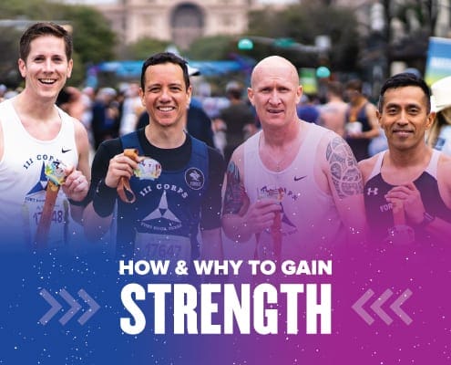 Image of four friends holding their finisher medals after the 2020 Ascension Seton Austin Marathon. Design on the image contains text that reads How and Why to Gain Strength.