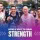 Image of four friends holding their finisher medals after the 2020 Ascension Seton Austin Marathon. Design on the image contains text that reads How and Why to Gain Strength.