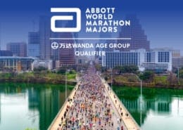 Drone image of runners crossing Congress Avenue Bridge during the 2020 Ascension Seton Austin Marathon with the Austin skyline in the background. The design contains the Abbott World Marathon Majors logo and text that introduces the Austin Marathon as an official AbbottWMM Wanda Age Group World Rankings qualifier.