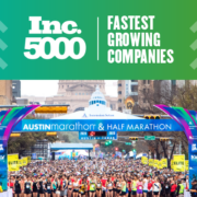 495x400_1_081220 Image of the 2020 Ascension Seton Austin Marathon start line full of runners. The text on the design with the image announces that High Five Events ranked 1853 on the 2020 Inc 5000 list.