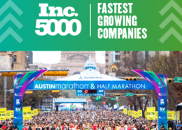 Image of the 2020 Ascension Seton Austin Marathon start line full of runners. The text on the design with the image announces that High Five Events ranked 1853 on the 2020 Inc 5000 list.