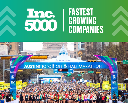 Image of the 2020 Ascension Seton Austin Marathon start line full of runners. The text on the design with the image announces that High Five Events ranked 1853 on the 2020 Inc 5000 list.