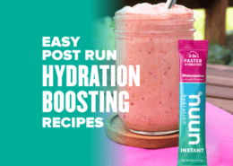 Image of a Nuun smoothie in a mason jar next to a package of watermelon Nuun Instant. Text reads Easy Hydration Boosting Recipes. Drink this smoothie post-run to boost your hydration and replace electrolytes.