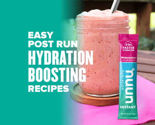 Image of a Nuun smoothie in a mason jar next to a package of watermelon Nuun Instant. Text reads Easy Hydration Boosting Recipes. Drink this smoothie post-run to boost your hydration and replace electrolytes.