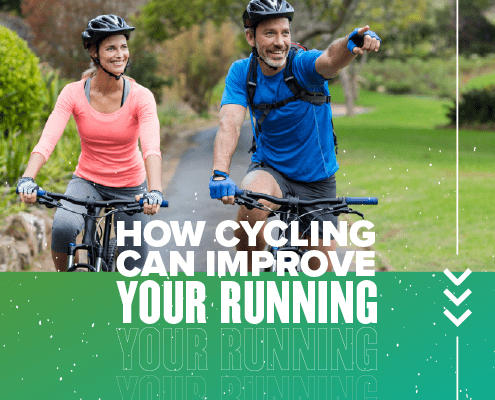 Two cyclists riding their bikes side-by-side. Text in the design reads How Cycling Can Improve Your Running Performance." Read more at https://youraustinmarathon.com/cycling-can-improve-your-running-performance