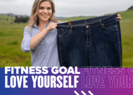 Kiah Twisselman holds an old pair of jeans next to her, showcasing that she's lost 125 since she began her journey towards a healthier lifestyle. She will continue to make the impossible possible at the 30th annual Austin Marathon on February 14, 2021. Read more about her story at https://youraustinmarathon.com/make-the-impossible-possible