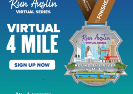 The Round the River 4-Miler digital medal that showcase the Austin skyline and the Run Austin Virtual Series logo. Learn more and sign up at https://youraustinmarathon.com/round-the-river-4-miler/