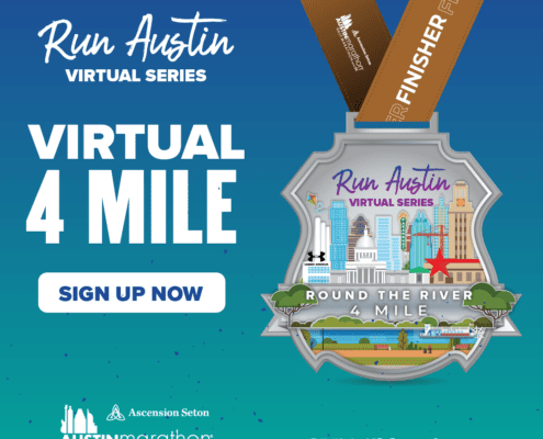 The Round the River 4-Miler digital medal that showcase the Austin skyline and the Run Austin Virtual Series logo. Learn more and sign up at https://youraustinmarathon.com/round-the-river-4-miler/