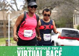 Mother and son running the 2020 Austin Half Marathon together. Text in design reads Why You Should Try a Virtual Race. Learn more at https://youraustinmarathon.com/reasons-to-try-a-virtual-race/