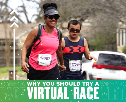 Mother and son running the 2020 Austin Half Marathon together. Text in design reads Why You Should Try a Virtual Race. Learn more at https://youraustinmarathon.com/reasons-to-try-a-virtual-race/