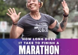 Female runner excitedly raises her hands in the air for the on-course photographer during the 2020 Ascension Seton Austin Marathon. Text on the design reads How Long Does it Take to Finish a Marathon. More information, including a helpful pace chart, can be found at https://youraustinmarathon.com/how-long-will-it-take-you-to-finish-a-marathon/