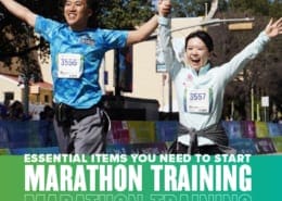 Couple raises hands in the air while crossing the 2020 Ascension Seton Austin Marathon finish line. Text in design reads Essential Items You Need to Start Marathon Training. Learn more at https://youraustinmarathon.com/items-to-start-marathon-training