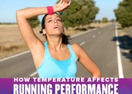 Female runner wipes sweat from her forehead with a wristband during a run. Text on design reads How Temperature Affects Running Performance. Learn more at https://youraustinmarathon.com/temperature-affects-running-performance/