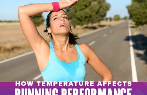 Female runner wipes sweat from her forehead with a wristband during a run. Text on design reads How Temperature Affects Running Performance. Learn more at https://youraustinmarathon.com/temperature-affects-running-performance/