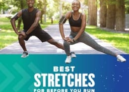A couple of runners stretch before they begin their run. Text on design reads Best Stretches Before You Run. Read what they are at https://youraustinmarathon.com/stretches-before-you-run/