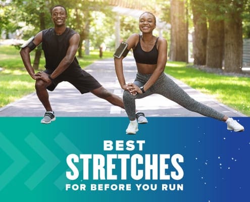 A couple of runners stretch before they begin their run. Text on design reads Best Stretches Before You Run. Read what they are at https://youraustinmarathon.com/stretches-before-you-run/
