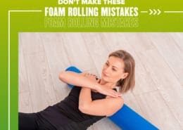 Female rolls her back on a blue foam roller. Text on design reads Don't Make These Foam Rolling Mistakes. Learn more at https://youraustinmarathon.com/foam-rolling-mistakes/