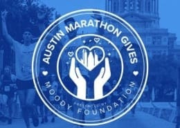 Runners cross the 2020 Austin Marathon finish line with the Texas State Capitol in the background. Overlaying the image is the new logo of Austin Marathon Gives, the Austin Marathon's philanthropic program. Learn more at https://youraustinmarathon.com/austin-marathon-gives/